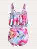 Plus Size & Curve Tie Dye Padded Ruch Overlay Tummy Control Tankini Swimsuit -  
