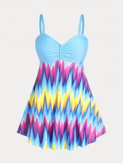 Plus Size & Curve Padded Colorblock Geometric Modest Swim Dress Set - LIGHT BLUE - 3X