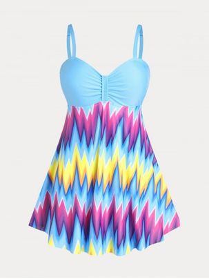 Plus Size & Curve Padded Colorblock Geometric Modest Swim Dress Set