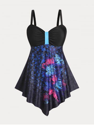 Plus Size & Curve Rose Print Padded Modest Tankini  Swimsuit