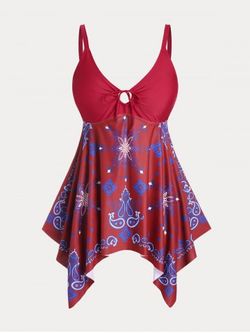 Plus Size & Curve Paisley Print Cinched Padded Handkerchief Modest Tankini  Swimsuit - DEEP RED - L