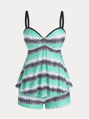 Plus Size & Curve Padded Colorblock Graphic Modest Tankini Swimsuit