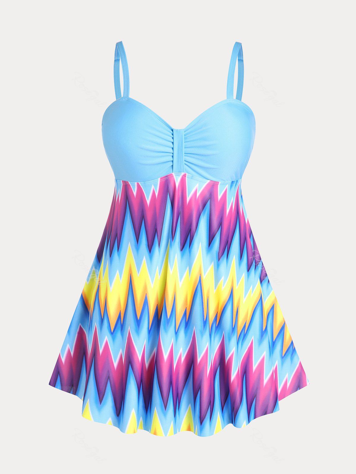 Cheap Plus Size & Curve Padded Colorblock Geometric Modest Swim Dress Set  