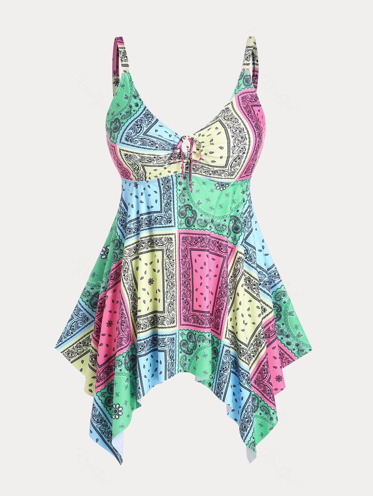 Affordable Plus Size & Curve Paisley Geometric Cinched Padded Handkerchief Modest Tankini Swimsuit  