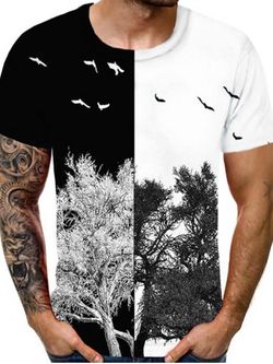Two Tone Tree Bird Print Casual T-shirt - MULTI - 3XL