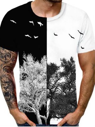 Two Tone Tree Bird Print Casual T-shirt
