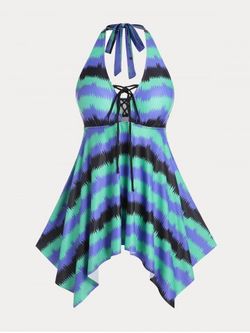 Plus Size & Curve Lace Up Backless Colorblock Halter Handkerchief Tankini Swimsuit - LIGHT GREEN - 1X