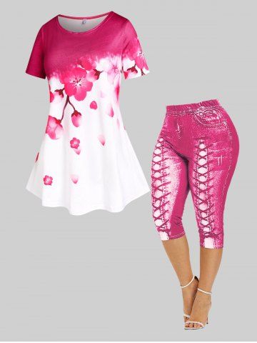 Sakura Blossom Swing Top and Leggings Plus Size Summer Outfit - RED