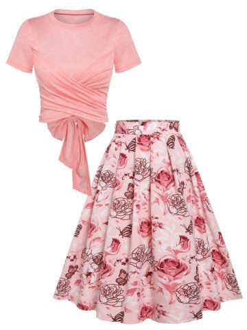 Heathered Surplice Bowknot Top And Rose Butterfly Skirt - LIGHT PINK - XL