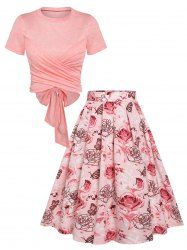Heathered Surplice Bowknot Top And Rose Butterfly Skirt -  