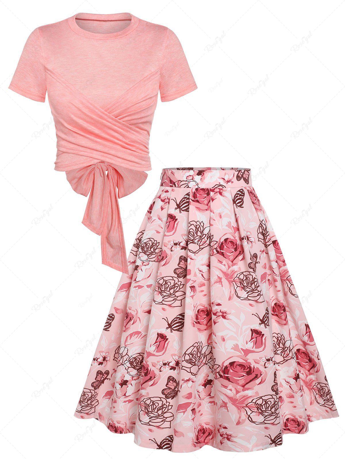 Chic Heathered Surplice Bowknot Top And Rose Butterfly Skirt  