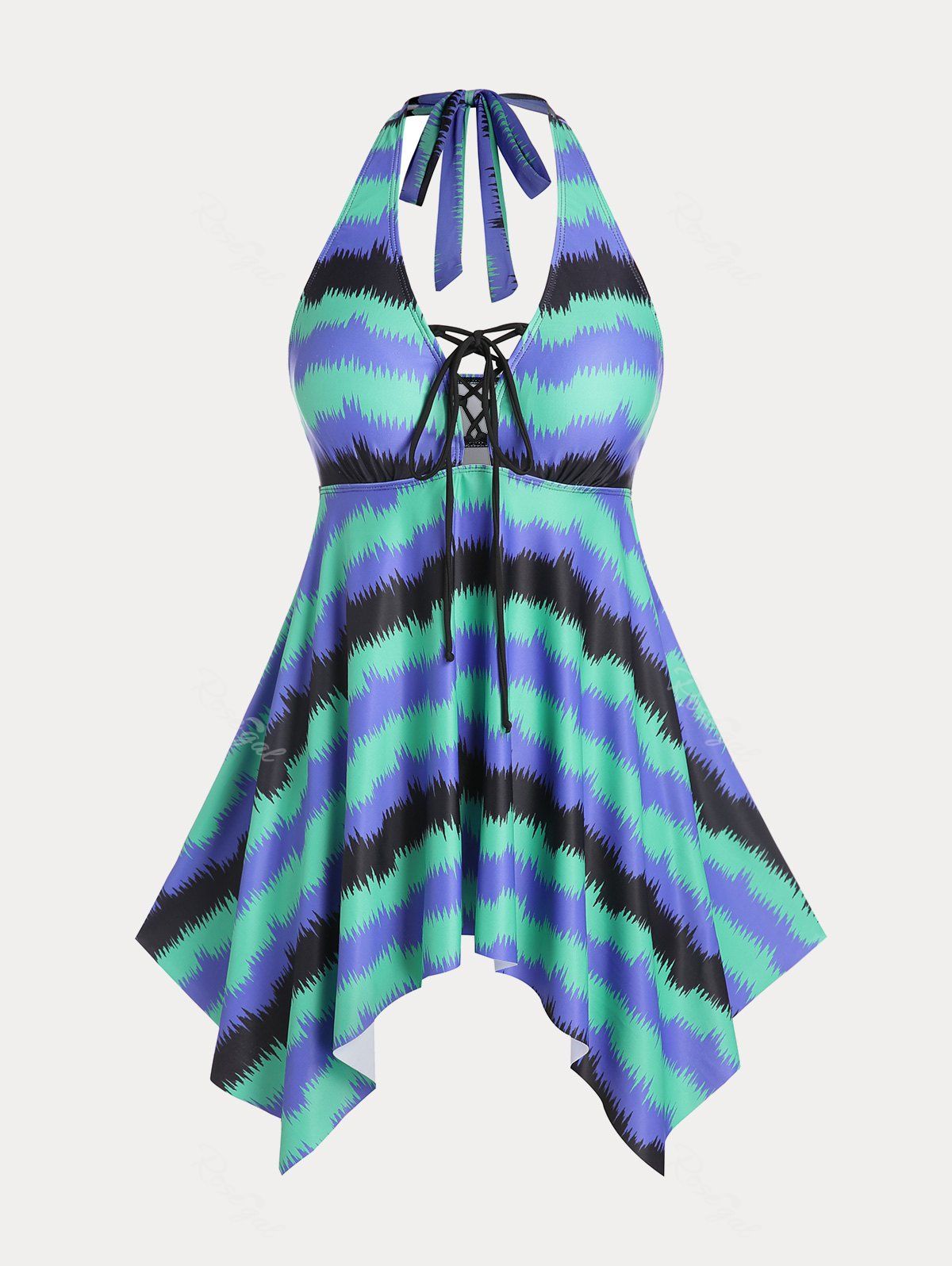 Shops Plus Size & Curve Lace Up Backless Colorblock Halter Handkerchief Tankini Swimsuit  