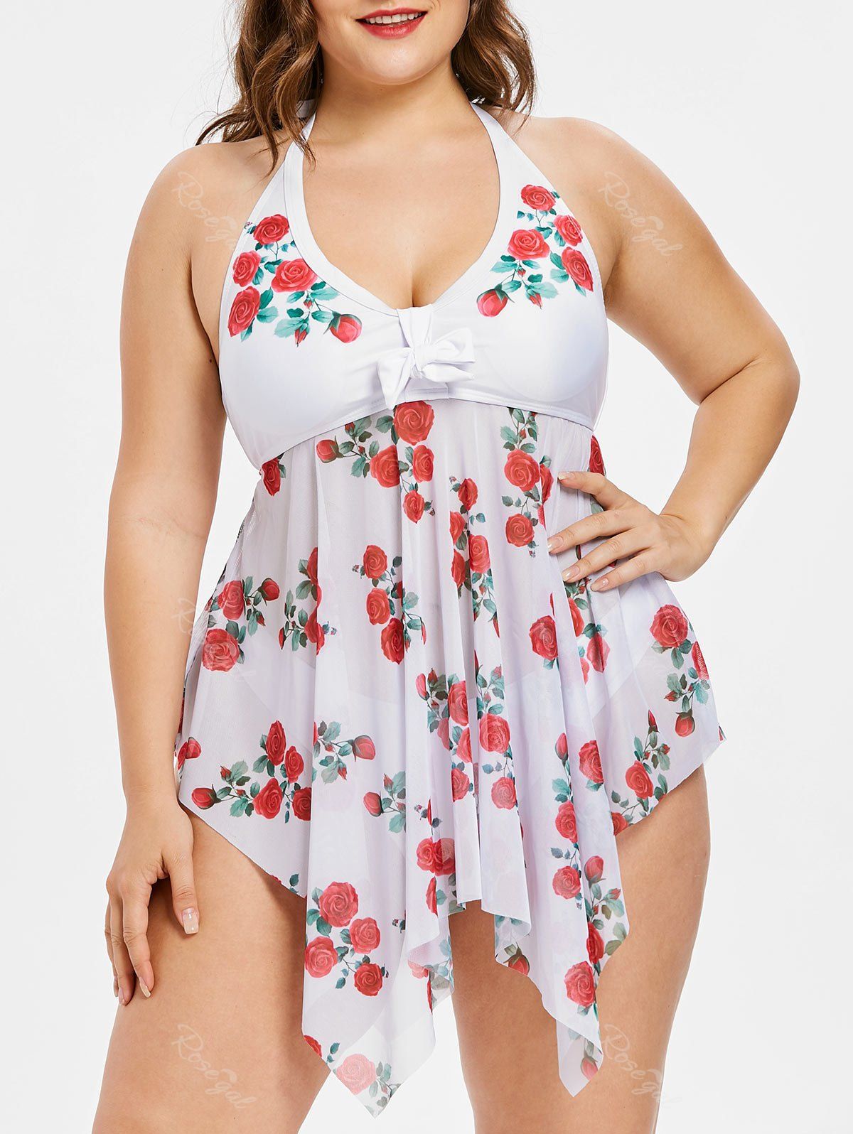 Affordable Plus Size & Curve Rose Tie Halter Padded Handkerchief Tankini Swimsuit  