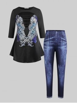 Dream Wing Ladder Cutout Top and Jeggings Plus Size Bundle - BLACK