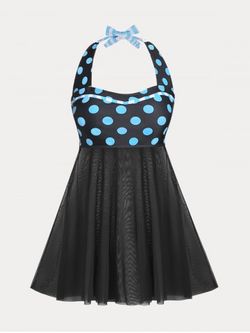Plus Size & Curve Polka Dot Mesh Halter Padded Vintage Tankini Swimsuit - BLACK - L