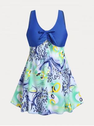 Mixed Print Ruched Cutout Plus Size & Curve Modest Tankini Swimsuit