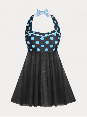 Plus Size & Curve Polka Dot Mesh Halter Padded Vintage Tankini Swimsuit - BLACK - L
