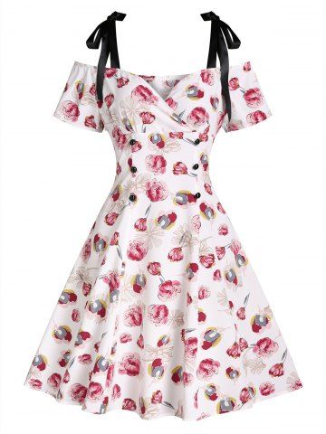 Tie Shoulder Flower Print A Line Dress - WHITE - L