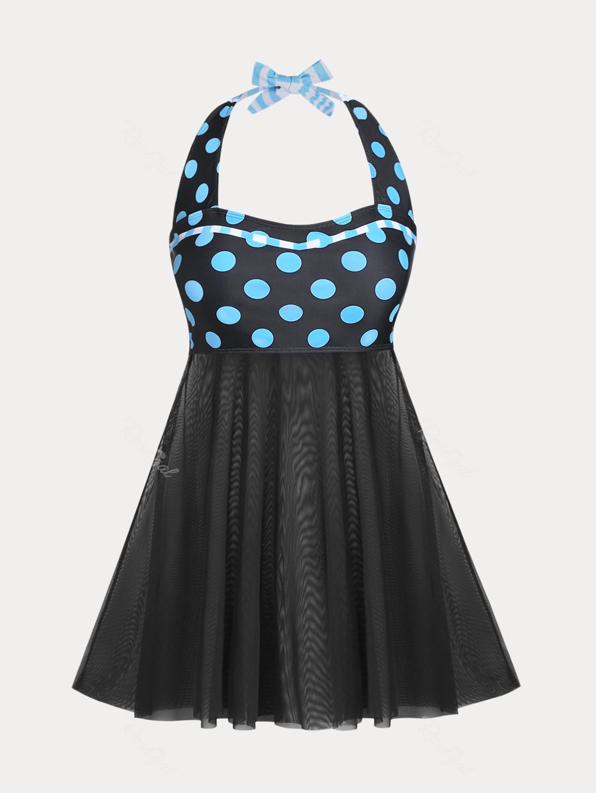 Store Plus Size & Curve Polka Dot Mesh Halter Padded Vintage Tankini Swimsuit  