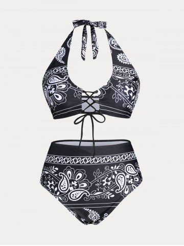 Plus Size & Curve Halter Paisley Lace Up Padded Bikini Swimsuit - BLACK - 2X
