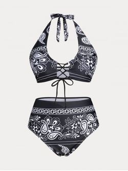 Plus Size & Curve Halter Paisley Lace Up Padded Bikini Swimsuit - BLACK - 3X