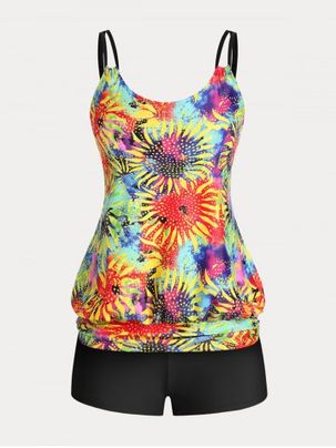 Plus Size & Curve Sunflower Colorblock Padded Blouson Modest Tankini  Swimsuit