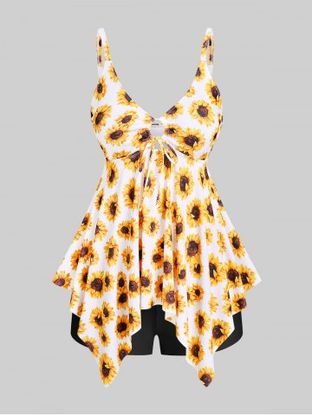 Handkerchief Sunflower Print Cinched Plus Size & Curve Modest Tankini  Swimsuit