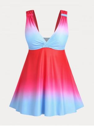 Plunge Ombre Color High Waist Plus Size & Curve Tankini Swimsuit