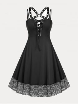 Plus Size & Curve Backless Harness Lace Up Skulls Gothic Dress - BLACK - 4X | US 26-28