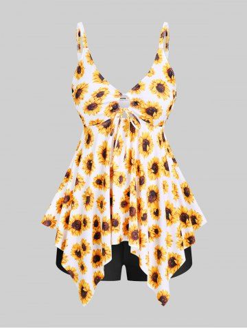 Handkerchief Sunflower Print Cinched Plus Size & Curve Modest Tankini  Swimsuit - YELLOW - 1X