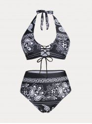 Plus Size & Curve Halter Paisley Lace Up Padded Bikini Swimsuit -  