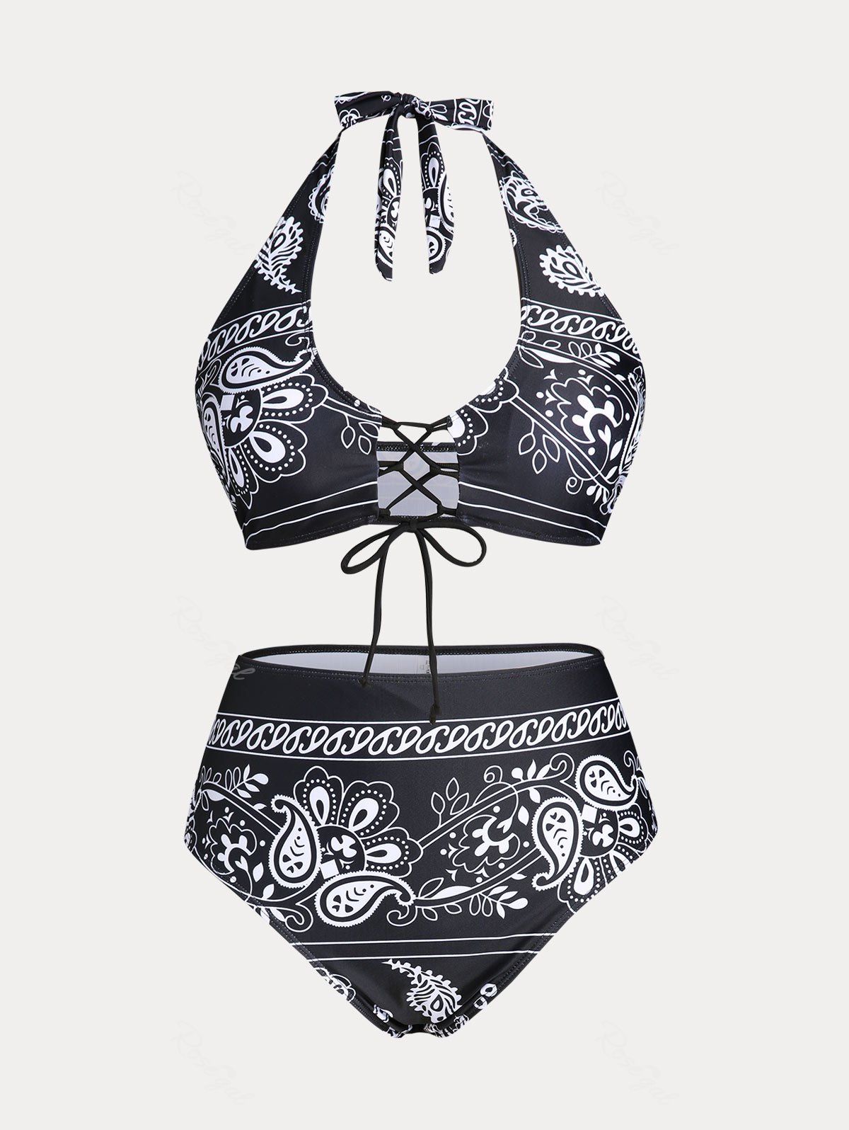 Fancy Plus Size & Curve Halter Paisley Lace Up Padded Bikini Swimsuit  