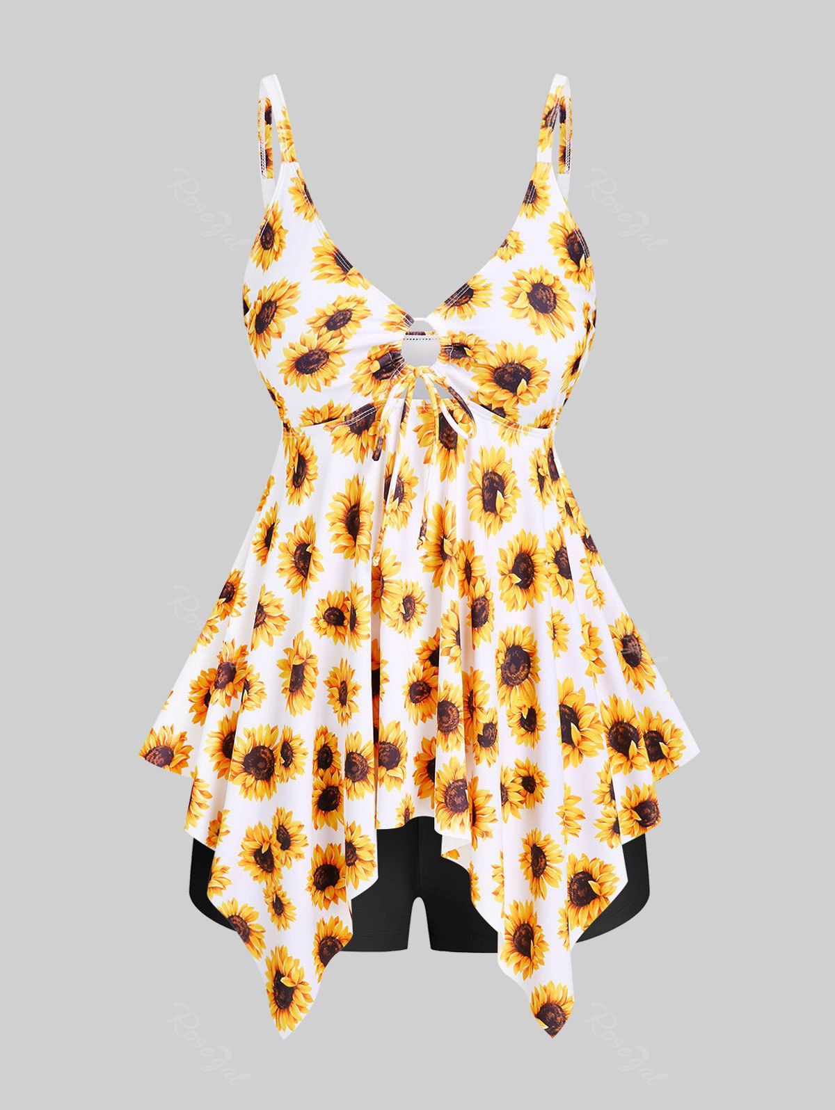 Trendy Handkerchief Sunflower Print Cinched Plus Size & Curve Modest Tankini  Swimsuit  