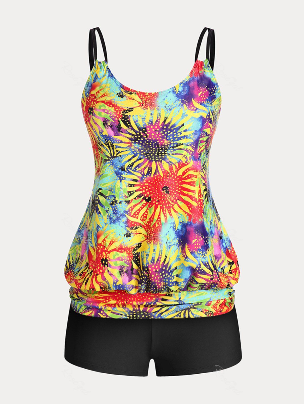 Hot Plus Size & Curve Sunflower Colorblock Padded Blouson Modest Tankini  Swimsuit  