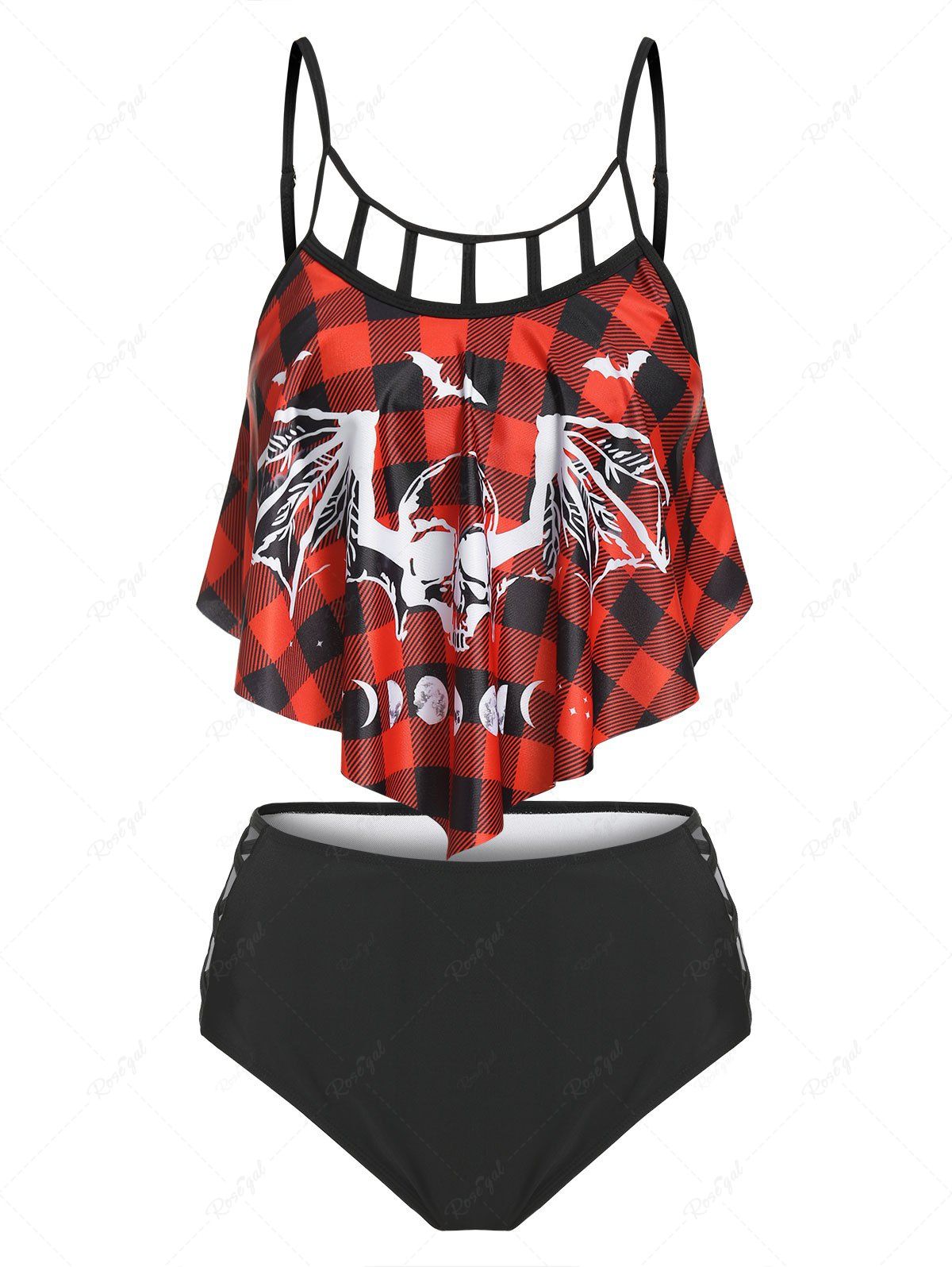 Fashion Plaid Bat Print Flounce Tankini Swimwear  