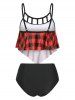 Plaid Bat Print Flounce Tankini Swimwear -  