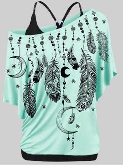 Skew Neck Feather Print T-shirt and Tank Top Plus Size & Curve Set - LIGHT GREEN - 2X | US 18-20