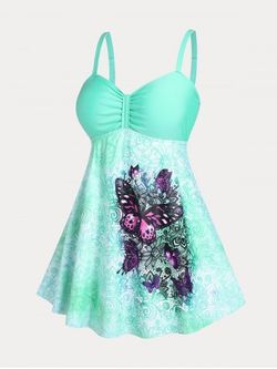 Ruched Butterfly Print Plus Size Tummy Control Modest Swim Dress Set - LIGHT GREEN - 1X