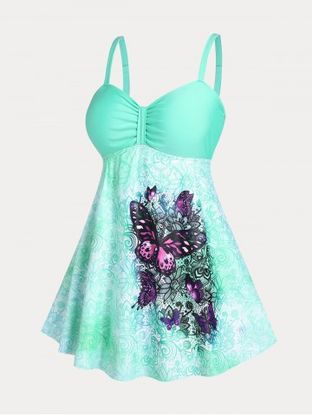 Ruched Butterfly Print Plus Size Tummy Control Modest Swim Dress Set