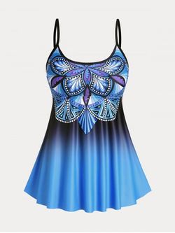 Printed Ombre Color Modest Plus Size & Curve Tankini Swimsuit - BLUE - 3X