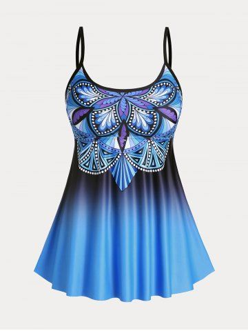 Printed Ombre Color Modest Plus Size & Curve Tankini Swimsuit - BLUE - L