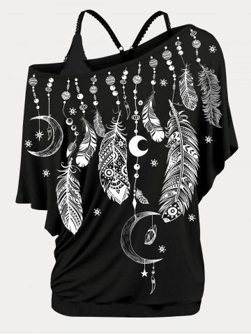 Skew Neck Feather Print T-shirt and Tank Top Plus Size & Curve Set