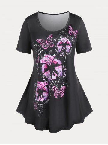 Floral Butterfly Print Plus Size Tunic T-shirt - BLACK - 5X | US 30-32
