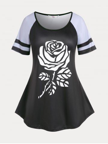 Raglan Sleeve Rose Print Plus Size & Curve Tee - BLACK - L | US 12