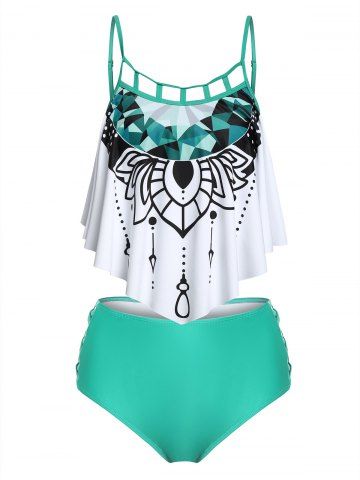 Flounce Rhinestone Print Criss Cross Tankini Swimwear - LIGHT GREEN - M