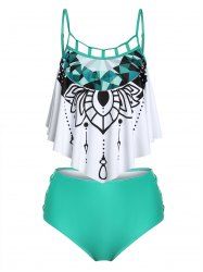 Maillot de Bain Tankini Croisé Imprimé à Volants avec Strass - Vert clair XXXL