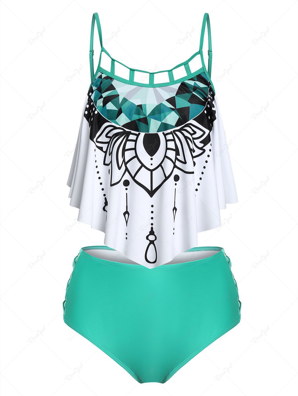 Maillot de Bain Tankini Croisé Imprimé à Volants avec Strass Vert clair XXXL