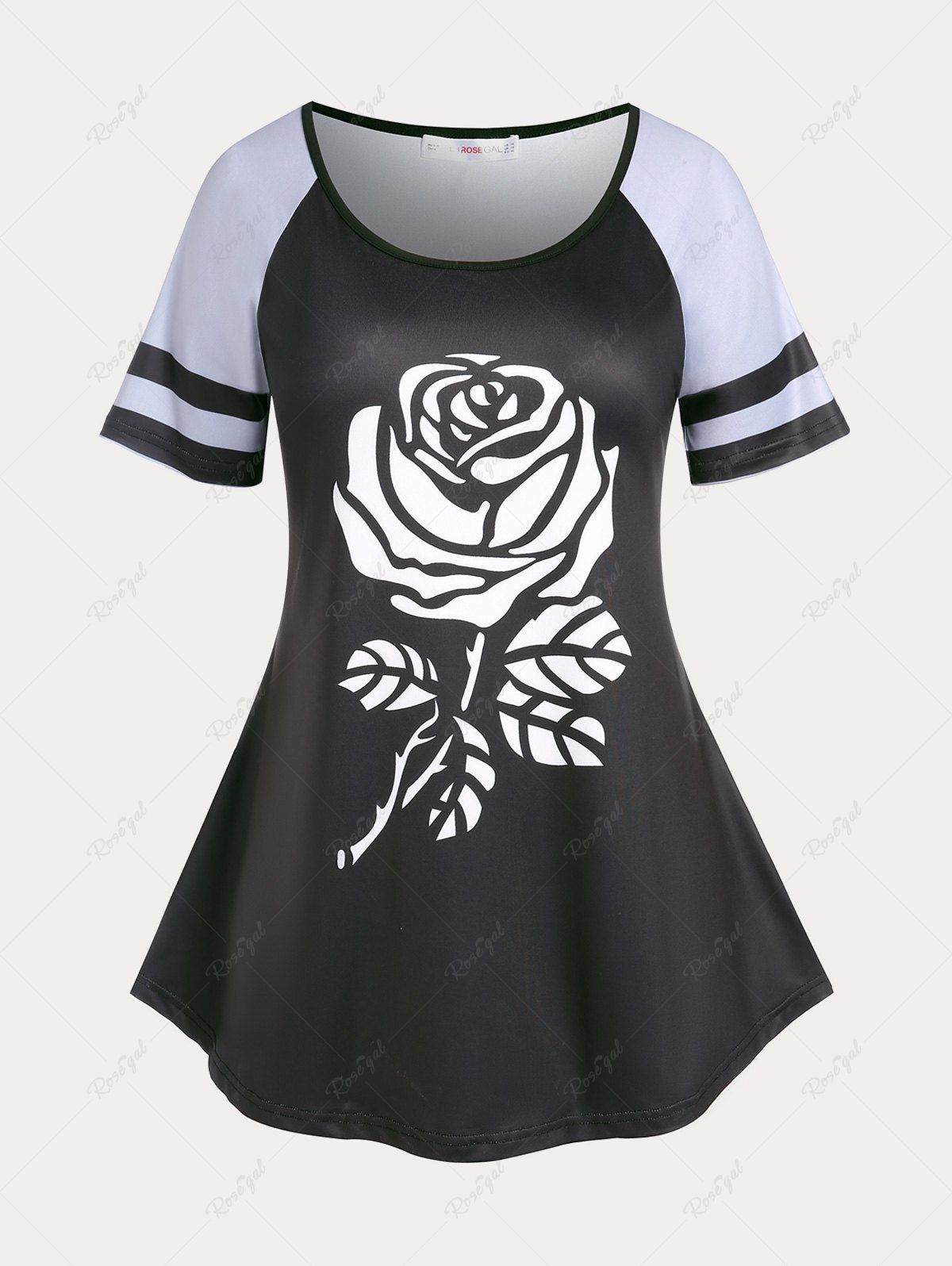 T-Shirt à Manches Raglan et à Imprimé Roses Grande Taille Noir L | US 12