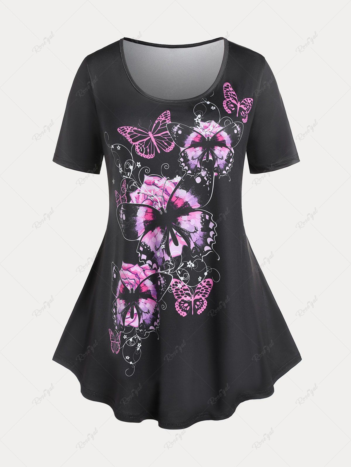 T-shirt Tunique à Imprimé Papillon Floral Grande Taille Noir 