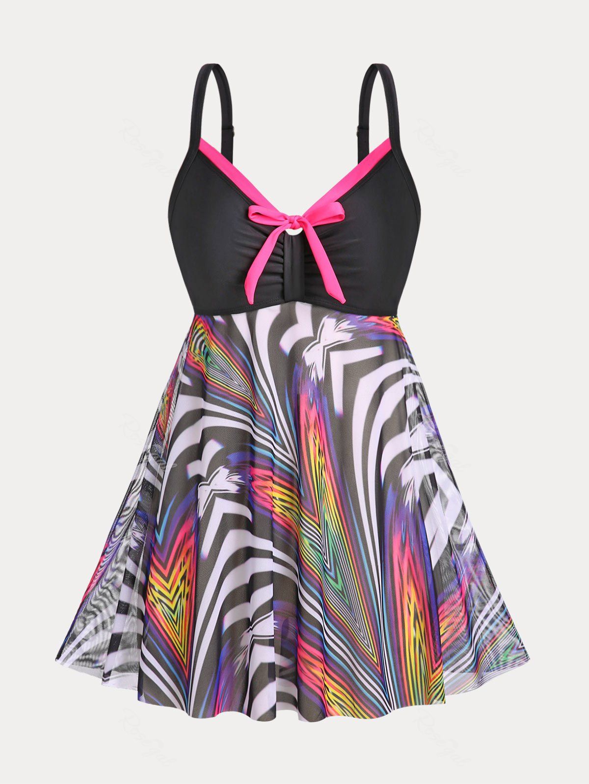 Unique Mixed Print Mesh Panel Plus Size & Curve Modest Swim Dress Set  